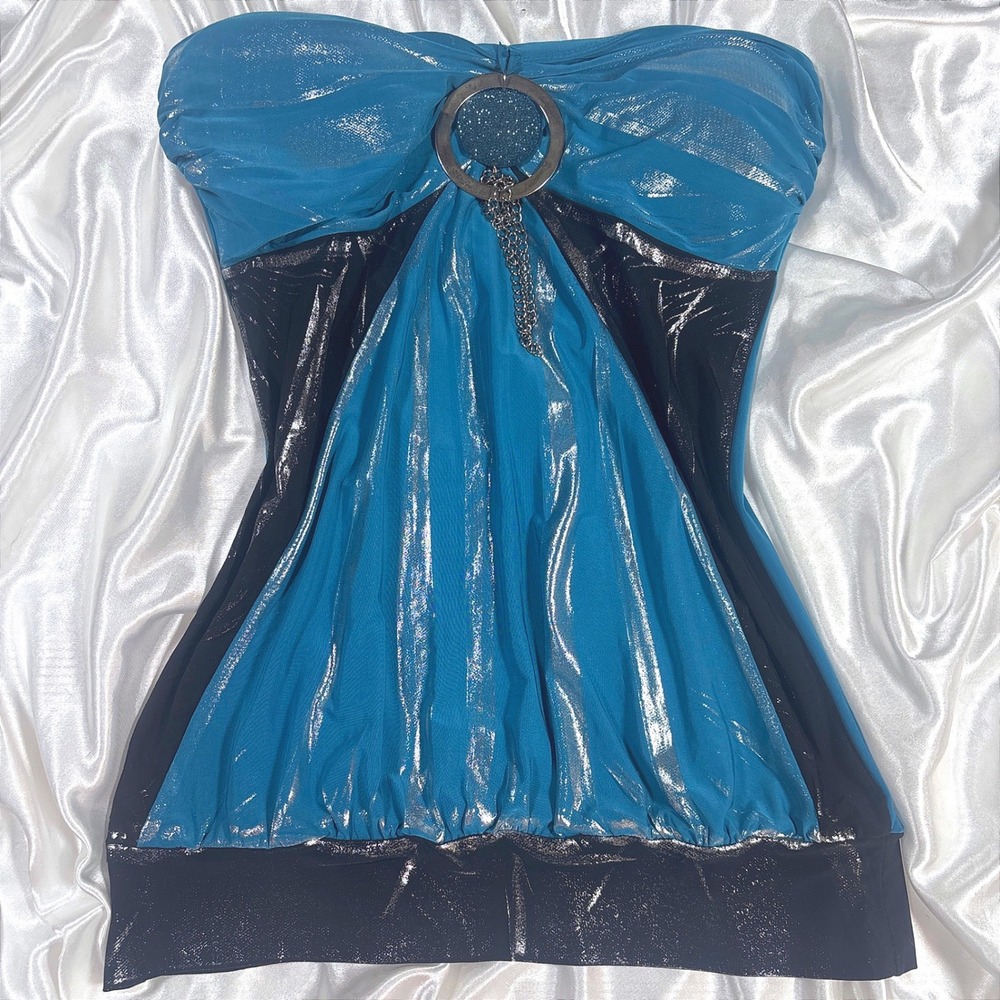 y2k Tube Top Teal Black Excellent Metallic O-Ring Chain Belinda BT3675-R